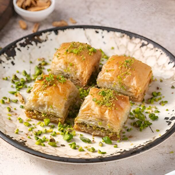 Plate of pistachio baklava pieces served with nuts and syrup.
