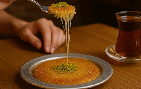 Close-up of a freshly served kunafa topped with crushed pistachios on a silver plate, with a fork lifting a gooey cheese-filled bite, accompanied by a glass of Turkish tea