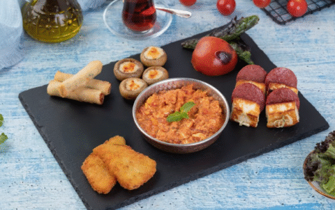 A black serving board displaying a variety of Turkish appetizers, including a bowl of scrambled-style tomato and egg mixture, fried rolls, stuffed mushrooms, fried cheese pieces topped with sausage slices, and crispy breaded bites. Fresh vegetables, olive oil, and a glass of tea are arranged around the board on a blue wooden surface.