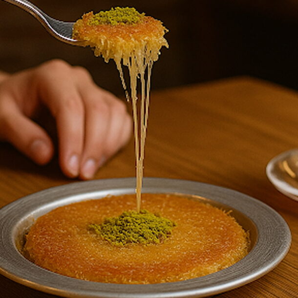 Close-up of a freshly served kunafa topped with crushed pistachios on a silver plate, with a fork lifting a gooey cheese-filled bite, accompanied by a glass of Turkish tea